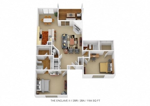 Floor plan for 2 beds, 2 baths, 1184 sqft